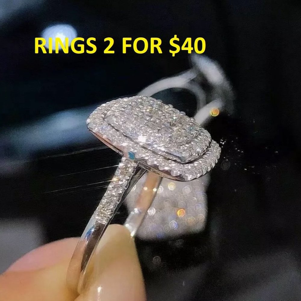 CURVED SQUARE SILVER DIAMOND BRIDAL RING - Picture 2 of 5